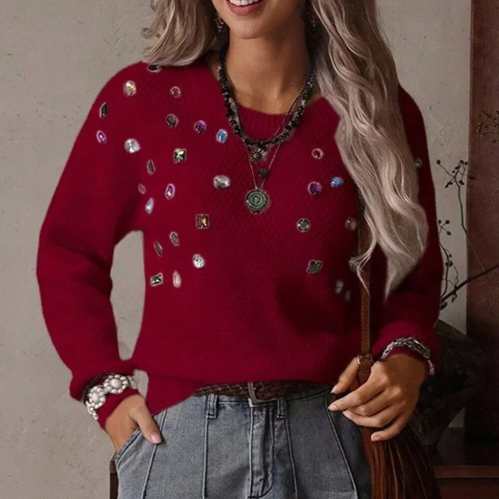 Burgundy Casual Women's Loose Rhinestone Knit Sweater